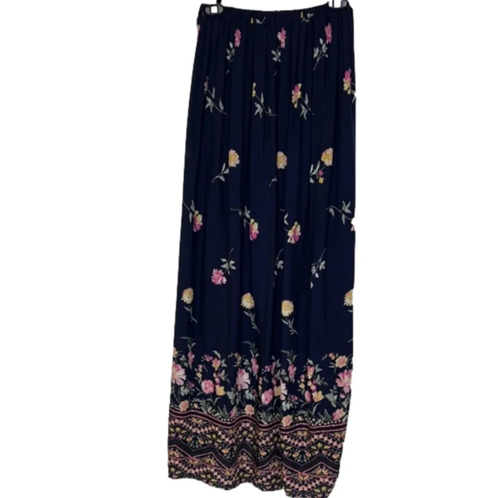 Blue Rain Navy With Pink & Yellow Flowers Faux Wrap Maxi Skirt - Size Medium